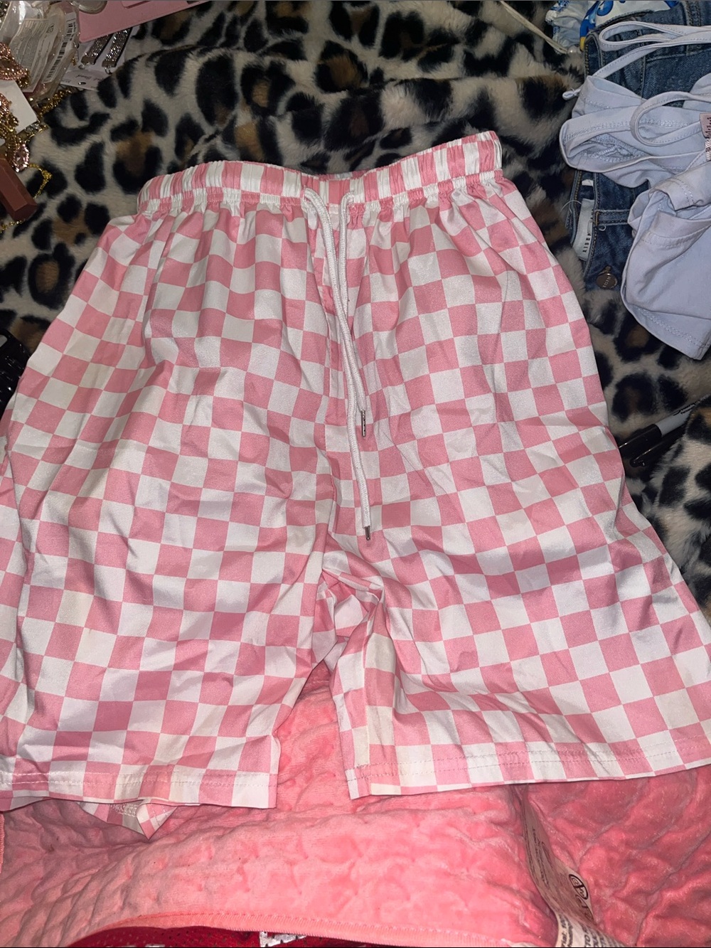 Pink Checkerboard Drawstring mens swim trunks with pockets, no liner